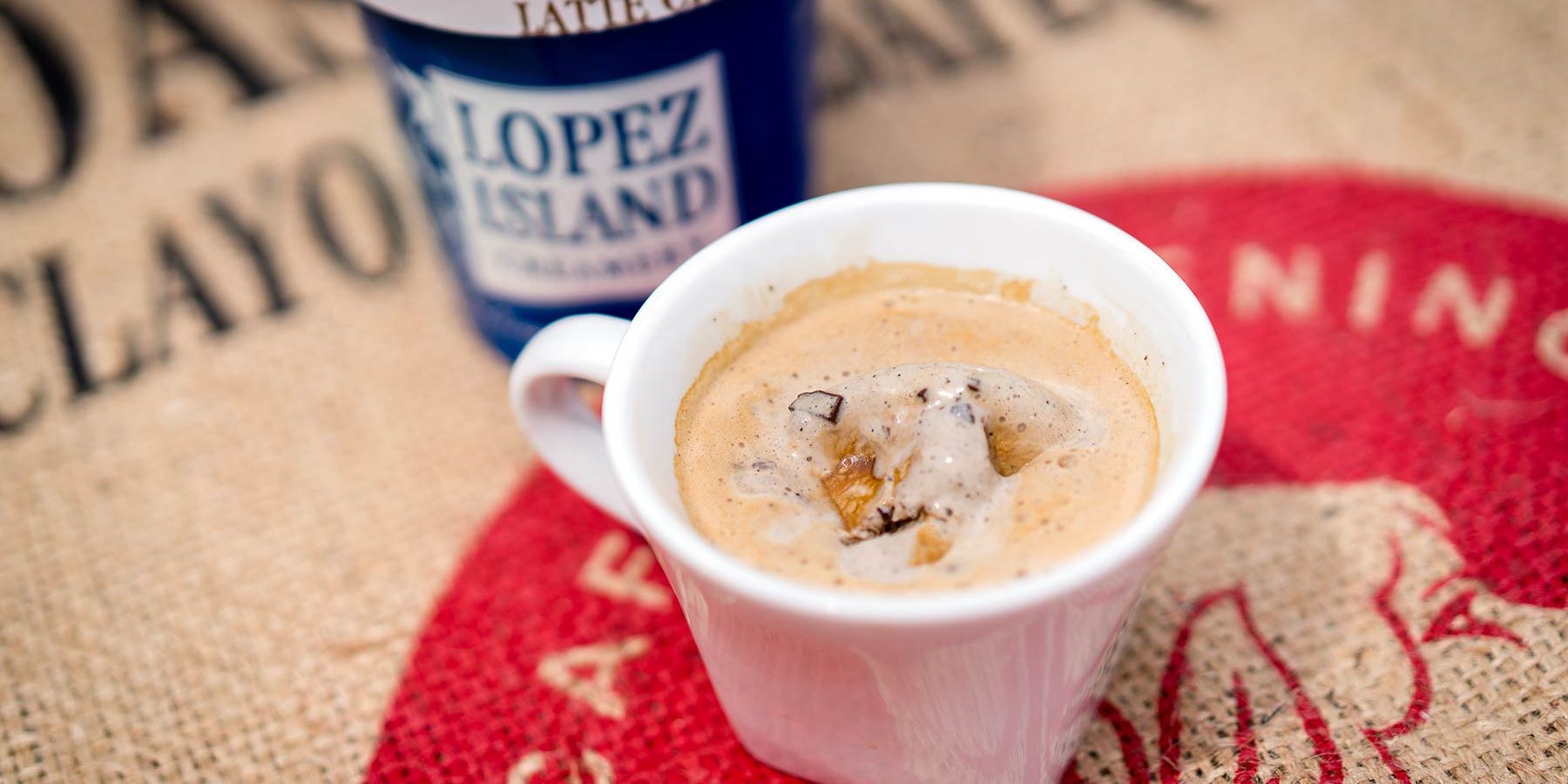 Affogato with Lopez Island ice cream on burlap sack