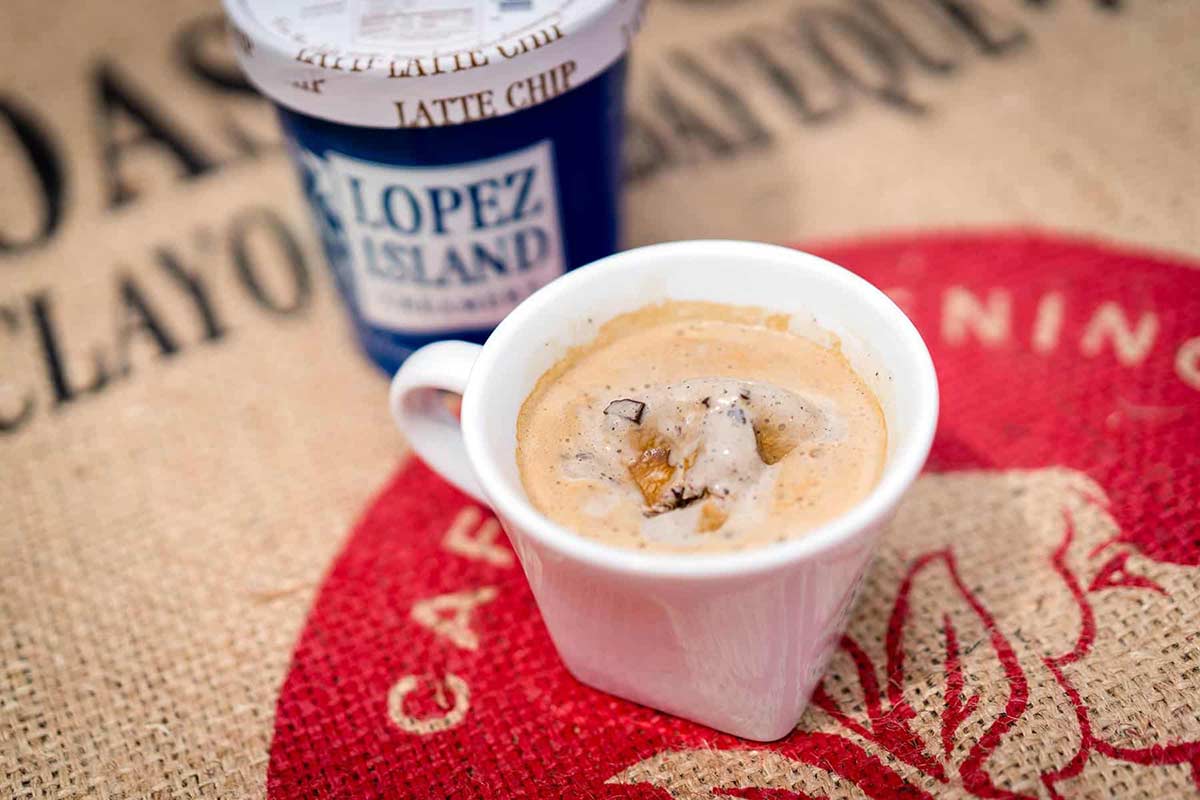 Affogato with Lopez Island ice cream on burlap sack